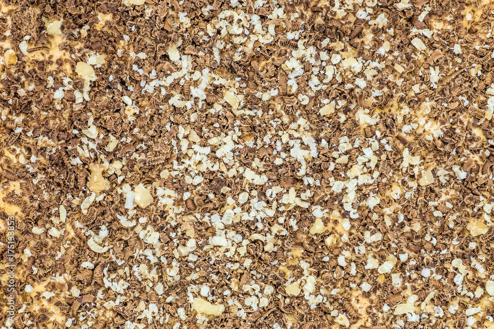 Surface of sweet dessert with nut and chocolate chips. Сonfectionary abstract background. Surface of sweet dessert with nut and chocolate chips. Сonfectionary abstract background.