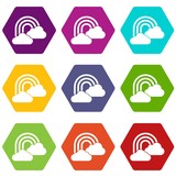 Rainbow and clouds icon set color hexahedron