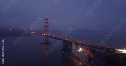 Aerial panoramic night view of the Golden Gate Bridge in San Francisco California