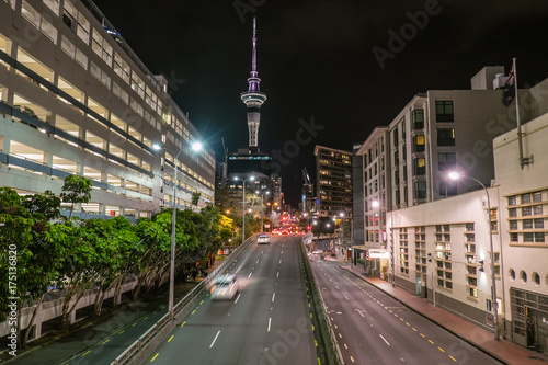 Night time cityscape of Hobson Street, near Viaduct Harbour, Auckland, New Zealand, NZ