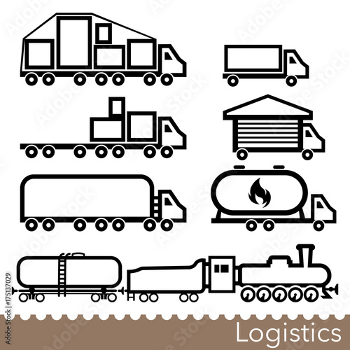 Set of transport logistics line icons with cargo vehicles. Trucks, tankers and cargo train. Vector Illustration