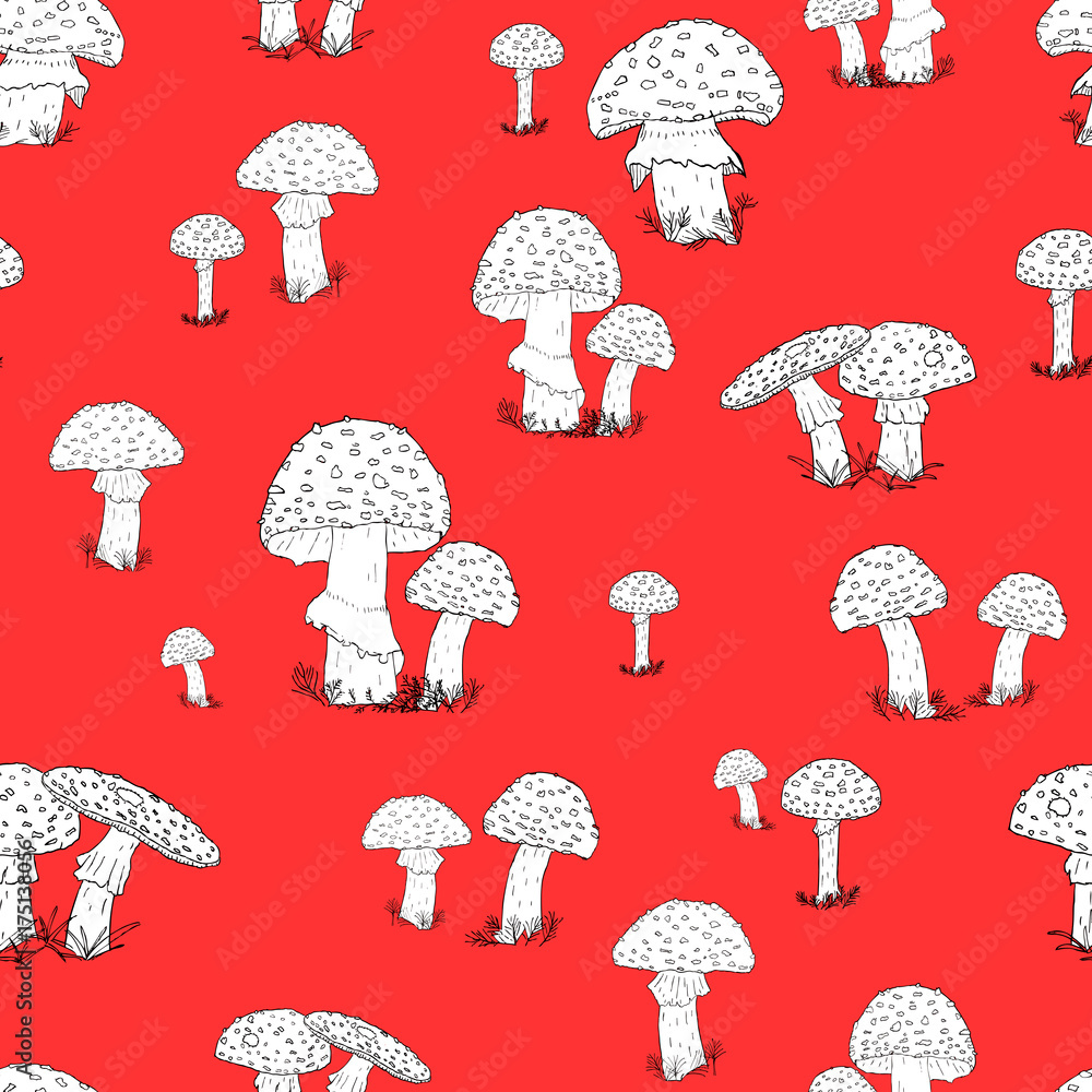 Seamless pattern with hand drawn mushrooms on the red background Stock