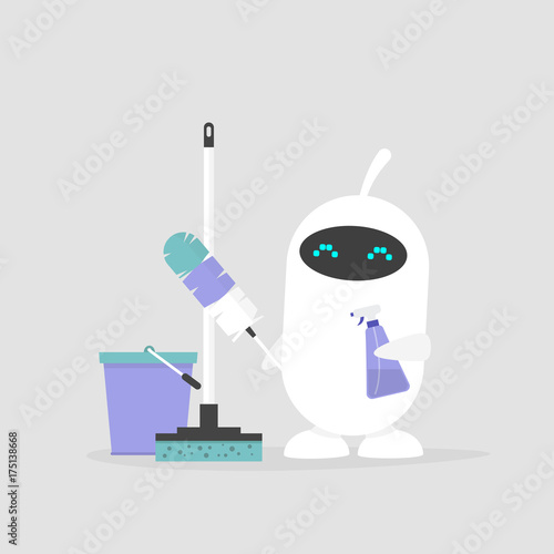 New technologies. Cleaning the apartment, conceptual illustration. Cute white robot holding the cleaning tools: a feather duster and a cleaning spray / flat editable vector illustration, clip art