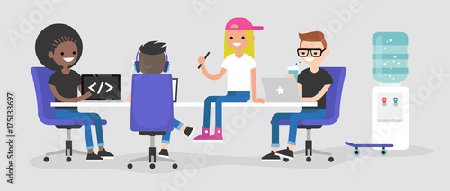Modern office. A team of millennial employees working on their laptops and discussing the project / flat editable vector illustration, clip art