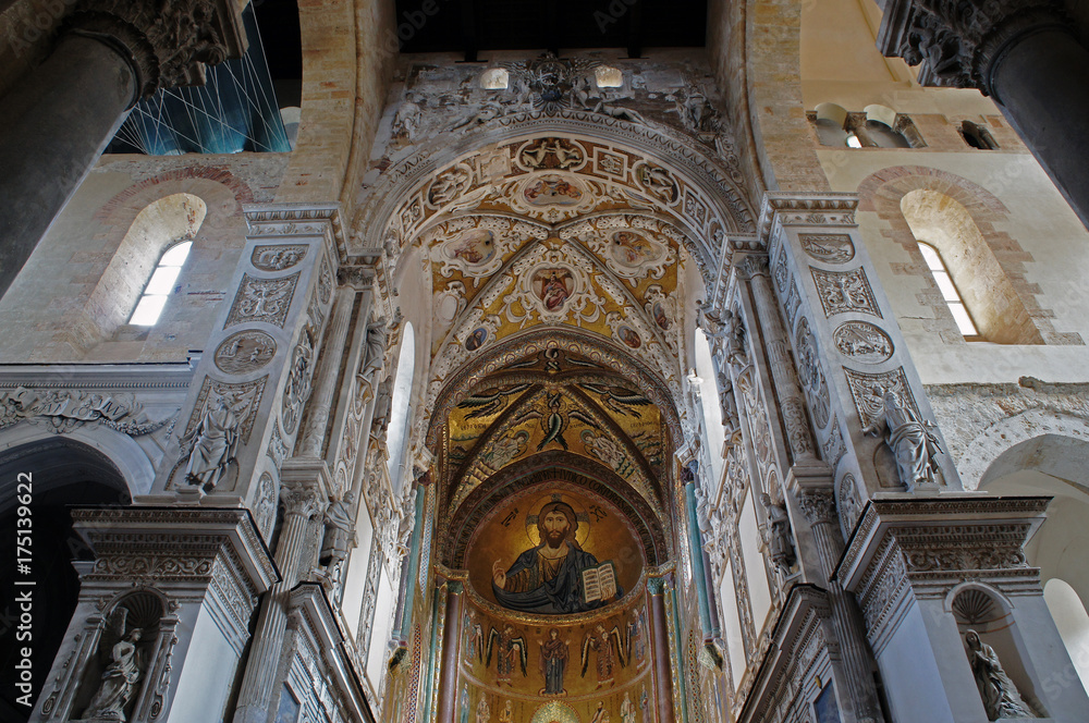 Interior of Cefalu Cathedral with mosaic of Christ Pantokrator in the apse, Sicily, Italy