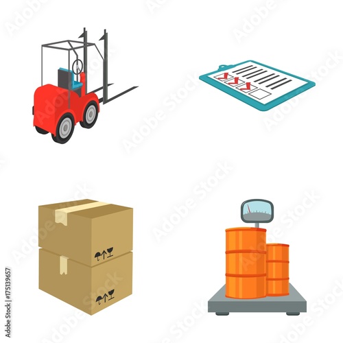 Forklift, delivery slips, packaged goods, cargo on weighing scales. Logistics and delivery set collection icons in cartoon style isometric vector symbol stock illustration web.