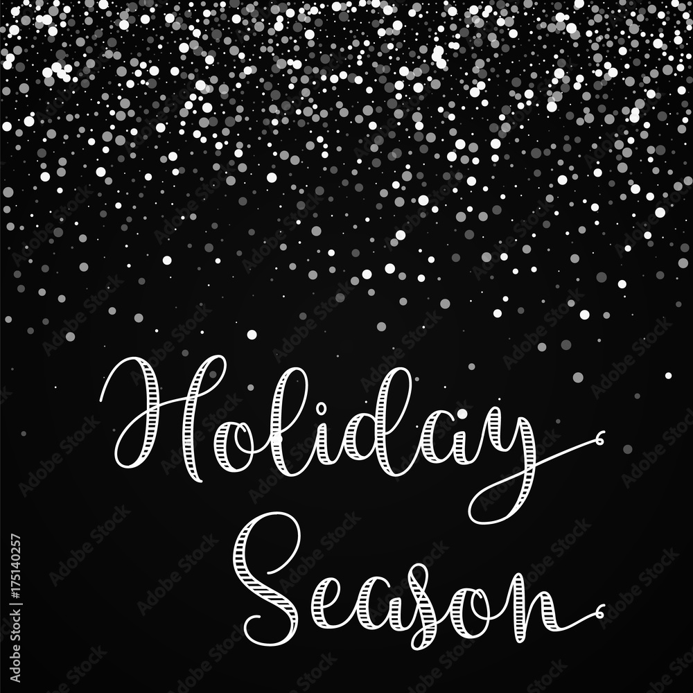 Holiday Season greeting card. Random falling white dots background. Random falling white dots on black background. Magnificent vector illustration.