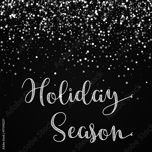 Holiday Season greeting card. Random falling white dots background. Random falling white dots on black background. Magnificent vector illustration.