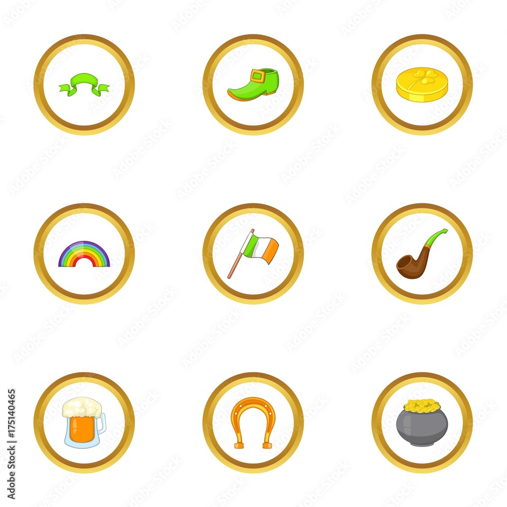St. Patrick holiday icons set, cartoon style St. Patrick holiday icons set, cartoon style