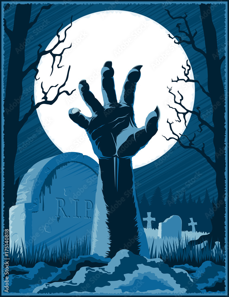Fototapeta premium Hand of zombie corpse with claws raised up from grave on a cemetery on Halloween holiday on a background from trees and Moon at night. Vector hand drawing graphic illustration.