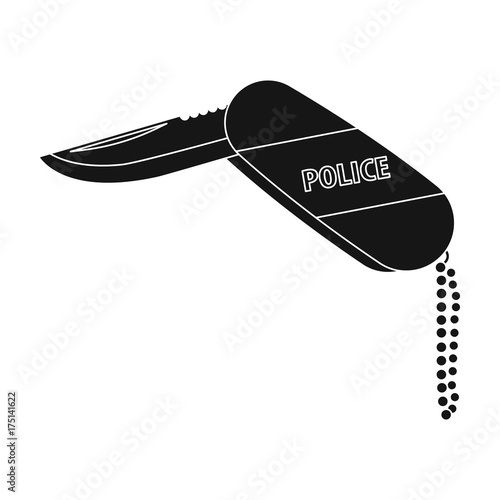 Folding knife with the inscription police.The penknife of the detective. single icon in black style vector symbol stock illustration web.