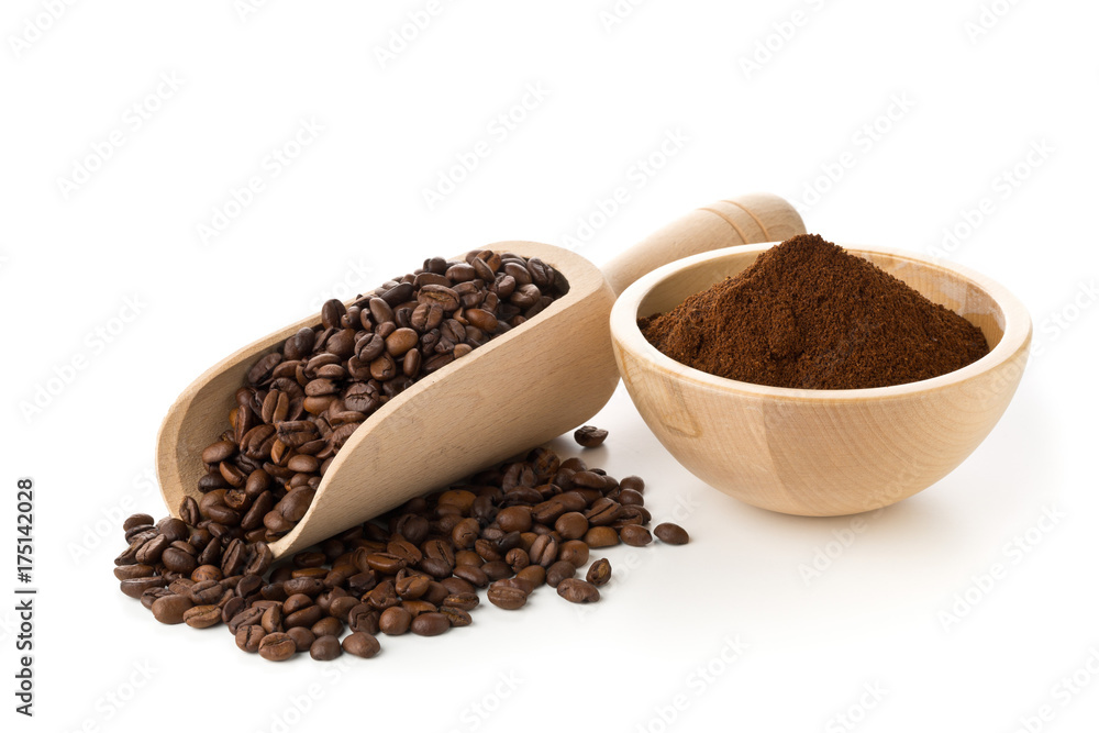 Coffee beans with ground coffee in wooden bowl Coffee beans with ground coffee in wooden bowl