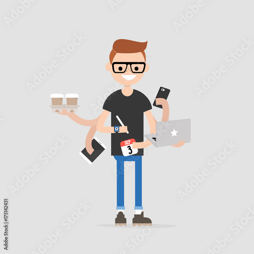 Intern, conceptual illustration. Multitasking millennial concept. Young character with six hands doing a lot of tasks at the same time  / flat editable vector illustration