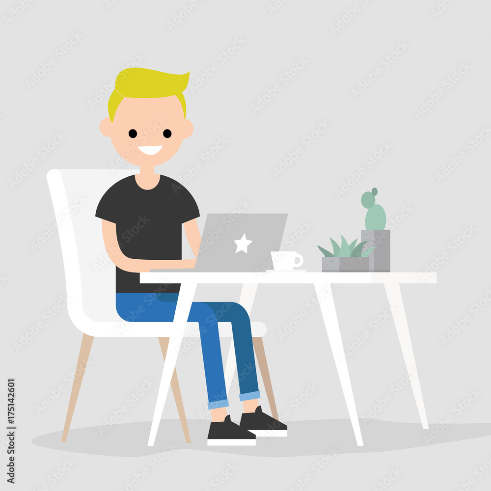 Working space. Young male character typing on a laptop / flat editable vector illustration, clip art
