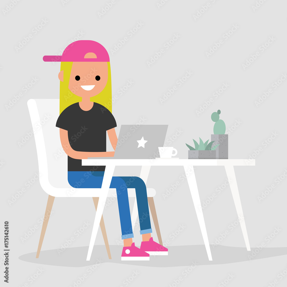 Working space. Young female character typing on a laptop / flat editable vector illustration, clip art