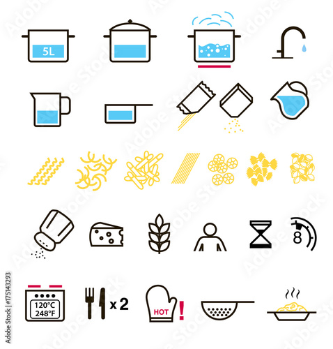 Cooking and preparation icons. Set of sign for detailed guideline. Vector elements on a white background. Ready for your design.