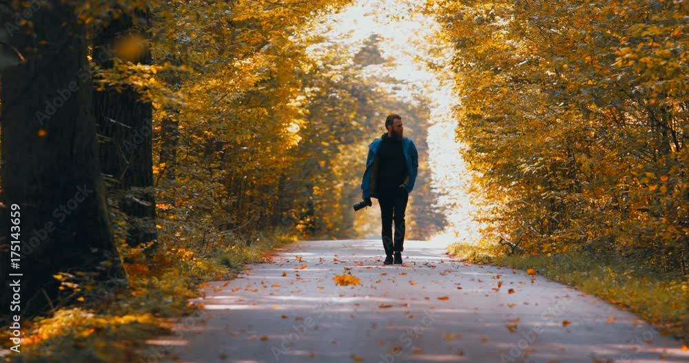 Bearded Caucasian male walking on a road in an autumn forest, holding camera in hands. 4K UHD 60 FPS Bearded Caucasian male walking on a road in an autumn forest, holding camera in hands. 4K UHD 60 FPS
