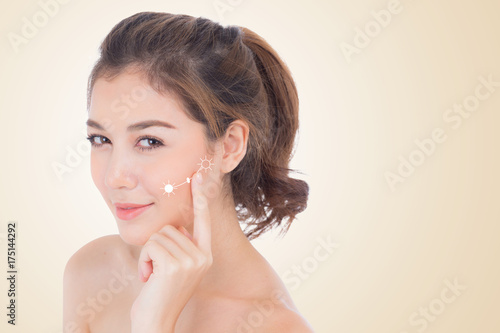 Beautiful girl with makeup, woman and skin care cosmetic concept / attractive beauty asian girl on face with scroll bright.