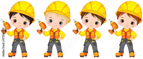 Vector Cute Little Boys Drilling. Vector Little Builders