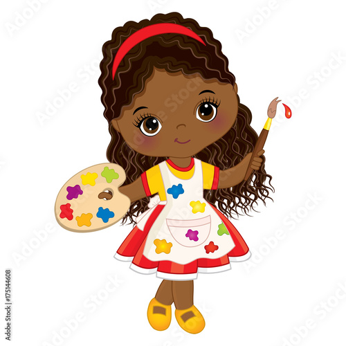 Vector cute Little African American Artist with Palette and Paint Brush. Vector Little Girl