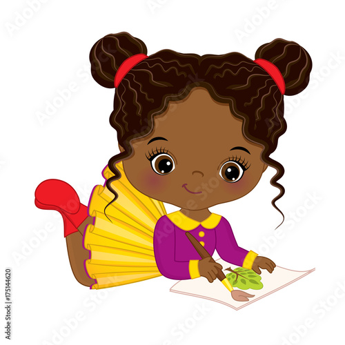 Vector cute Little African American Artist Painting. Vector Little Girl