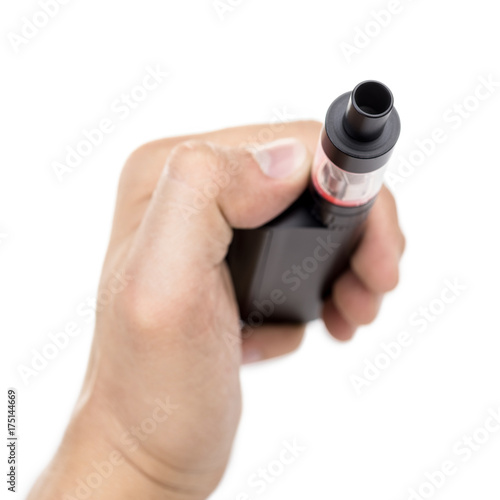 Black vape in a man's hand on a white isolated background