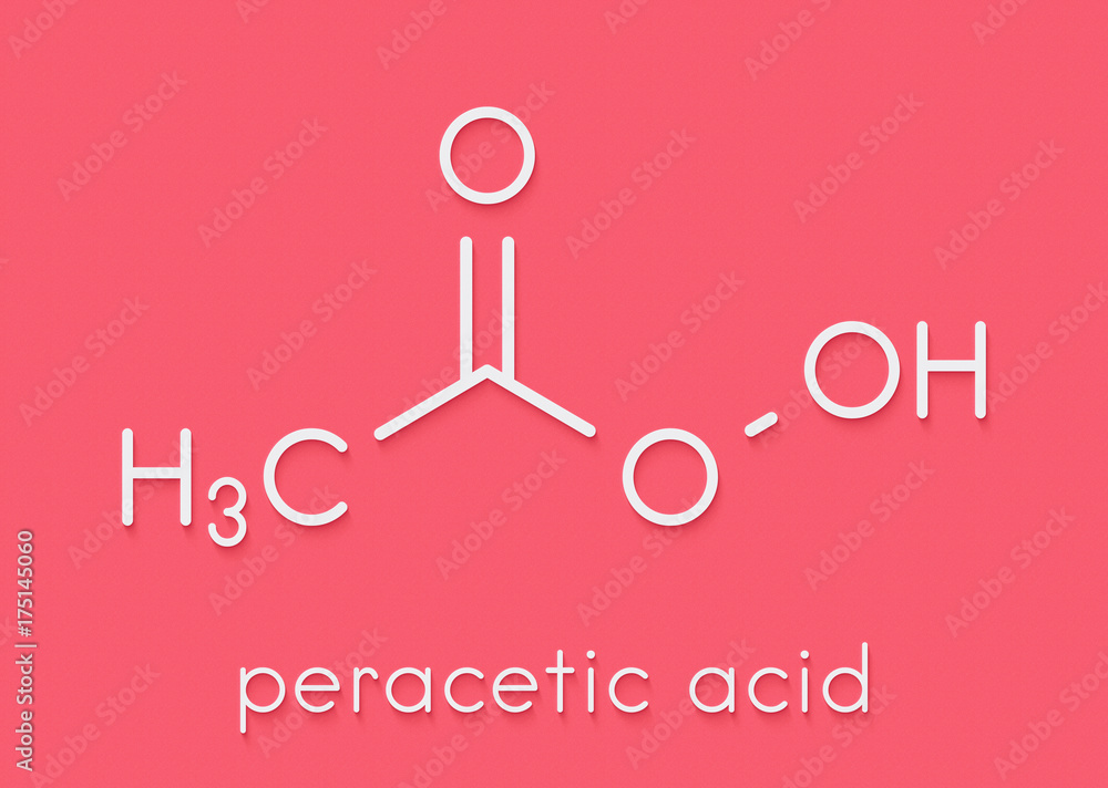 Peracetic acid (peroxyacetic acid, paa) disinfectant molecule. Organic peroxide commonly used as antimicrobial agent. Skeletal formula. Peracetic acid (peroxyacetic acid, paa) disinfectant molecule. Organic peroxide commonly used as antimicrobial agent. Skeletal formula.