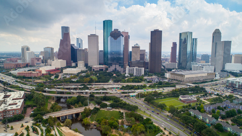 Aerial view of skyline downtown Houston building city  at buffalo bayou park  Houston  Texas  USA