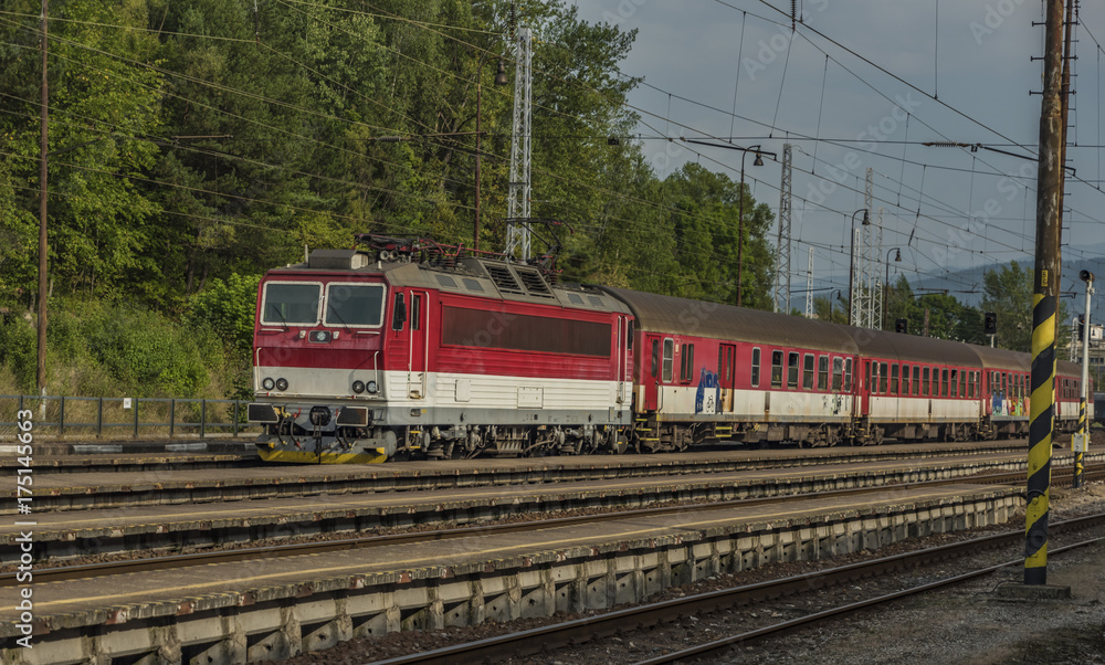 Red fast train in Slovakia station Ruzomberok Red fast train in Slovakia station Ruzomberok