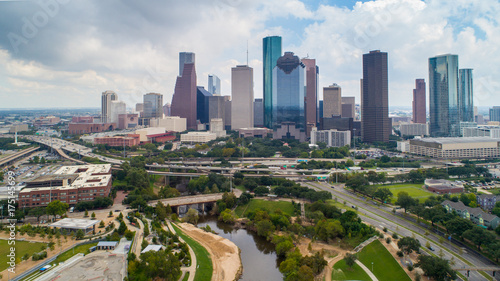 Aerial view of skyline downtown Houston building city, at buffalo bayou park, Houston, Texas, USA