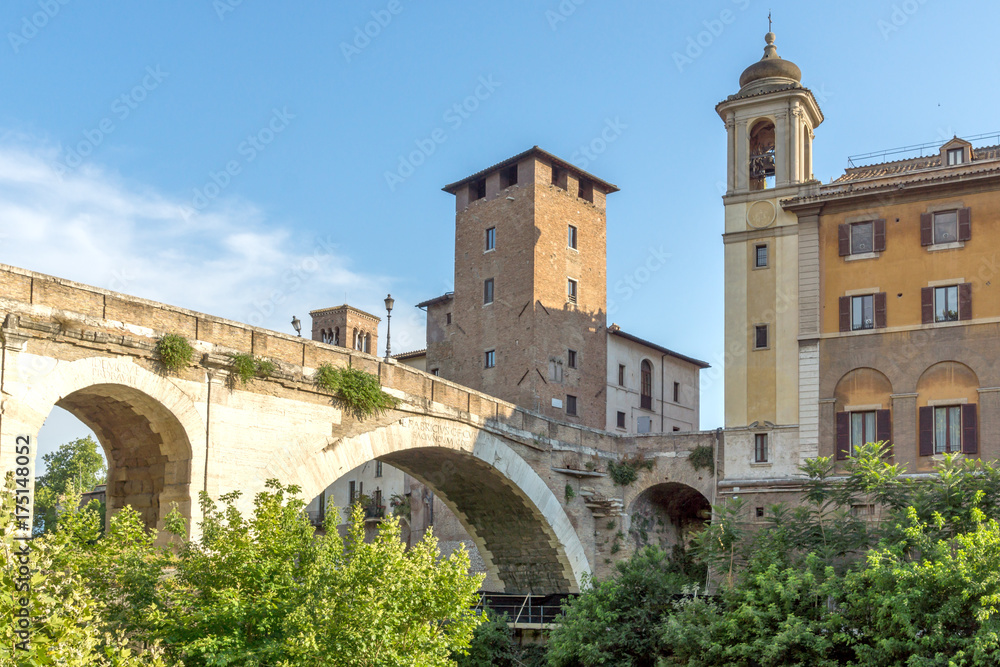Amazing view of Castello Caetani, Tiber River and Pons Fabricius in city of Rome, Italy Amazing view of Castello Caetani, Tiber River and Pons Fabricius in city of Rome, Italy