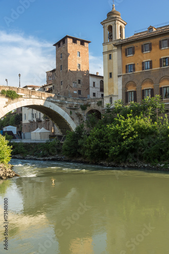 Amazing view of Castello Caetani, Tiber River and Pons Fabricius in city of Rome, Italy
