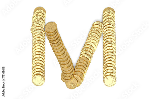 Alphabet from the golden coins isolated on white including clipping path.3D illustration.