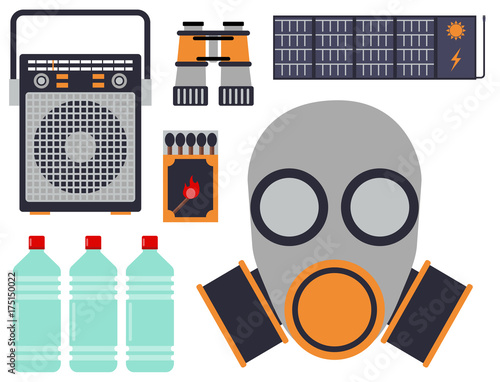 Survival emergency kit for evacuation vector equipment items travel camp tool backpacking exploration tourism hiking disaster