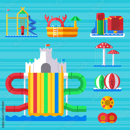 Water aquapark playground with slides and splash pads for family fun vector illustration.