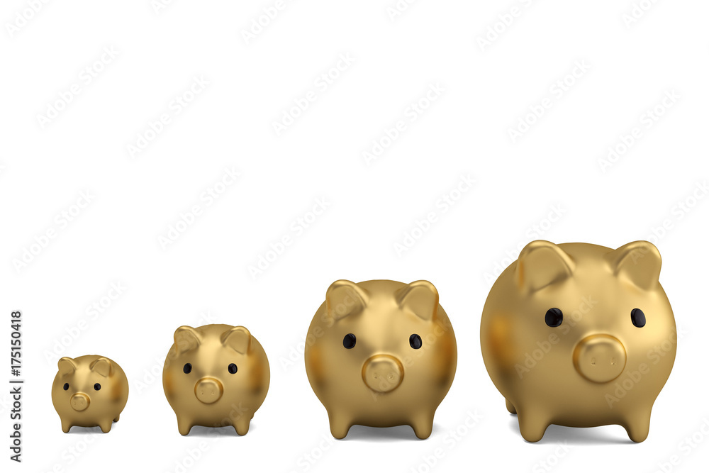 Four gold piggy bank on white background.3D illustration Four gold piggy bank on white background.3D illustration