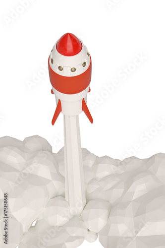 Startup concept with rocket flying on white background.3D illustration.