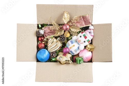 Christmas Decoration in Box. Holiday Decoration lsolated on White Background. Top View