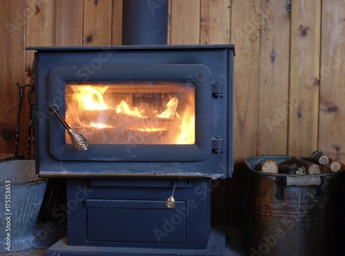 Crackling wood fire in a wood burning stove