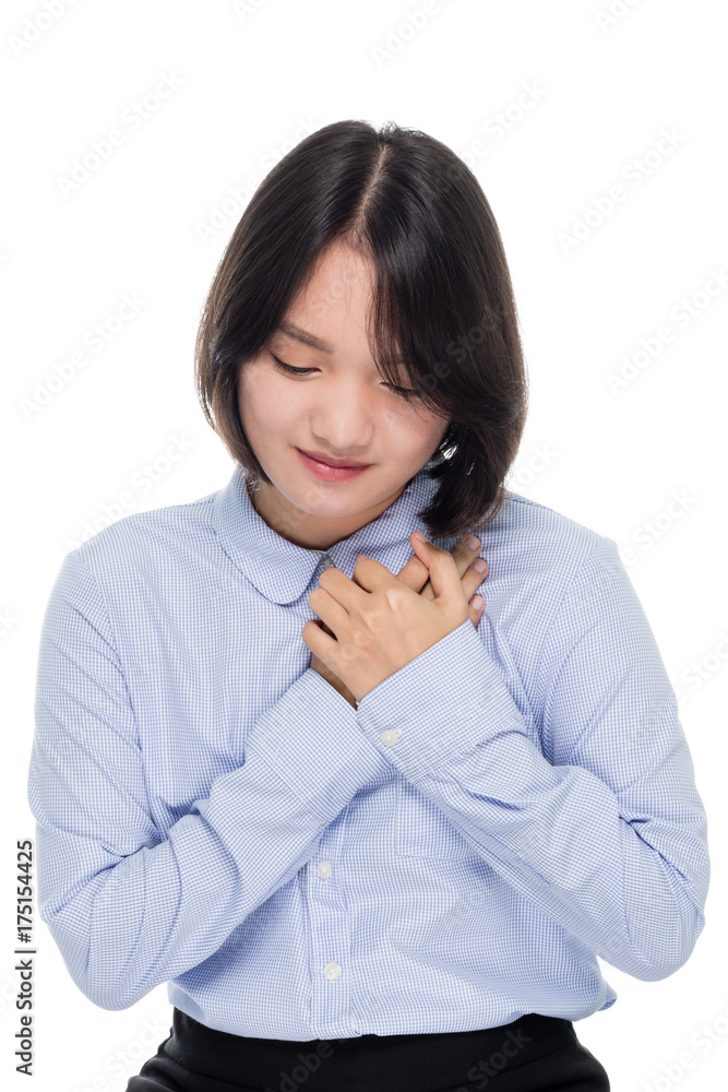 Beautiful asian businesswoman with hearth attack, portrait studio on white background Beautiful asian businesswoman with hearth attack, portrait studio on white background