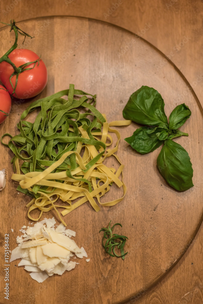 Overhead view of fresh ingredients for making pasta dish Overhead view of fresh ingredients for making pasta dish