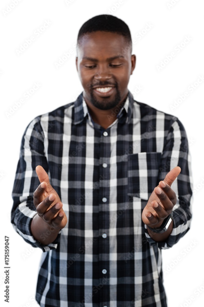 Man gesturing against white background Man gesturing against white background
