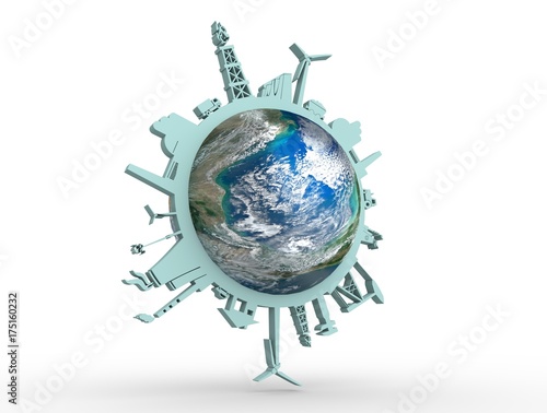 Circle with industry relative silhouettes. Objects located around the circle. Industrial design background. Earth globe in the center. Elements of this image furnished by NASA. 3D rendering