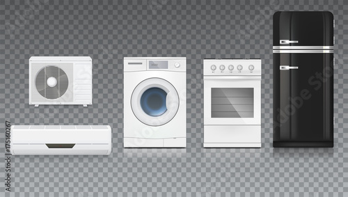 Air conditioning, washing machine, gas hob and black fridge, isolated 3D illustration with realistic shadows and reflections. Set icons of household appliances on a trasparent background.