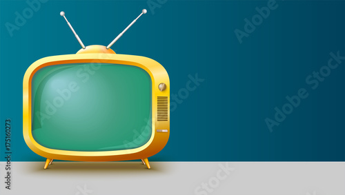 Template with retro yellow TV set for advertisement on horizontal long backdrop, 3D illustration with place for text. Realistic vintage TV with blank screen.