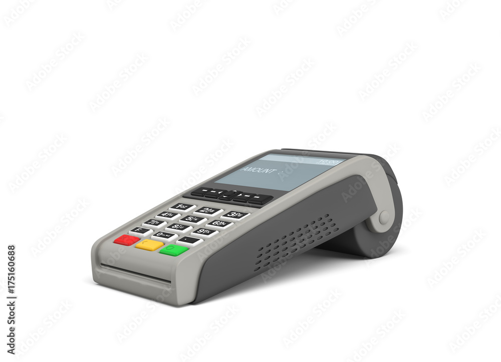 3d rendering of an empty card payment terminal in side view isolated on ...
