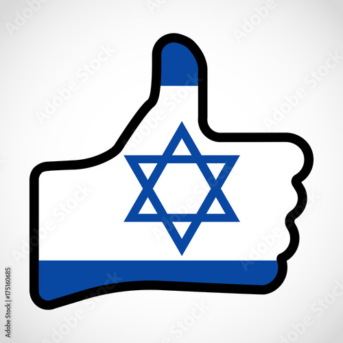 Flag of Israel in the shape of Hand with thumb up, gesture of approval, meaning Like, finger sign, flat design illustration.