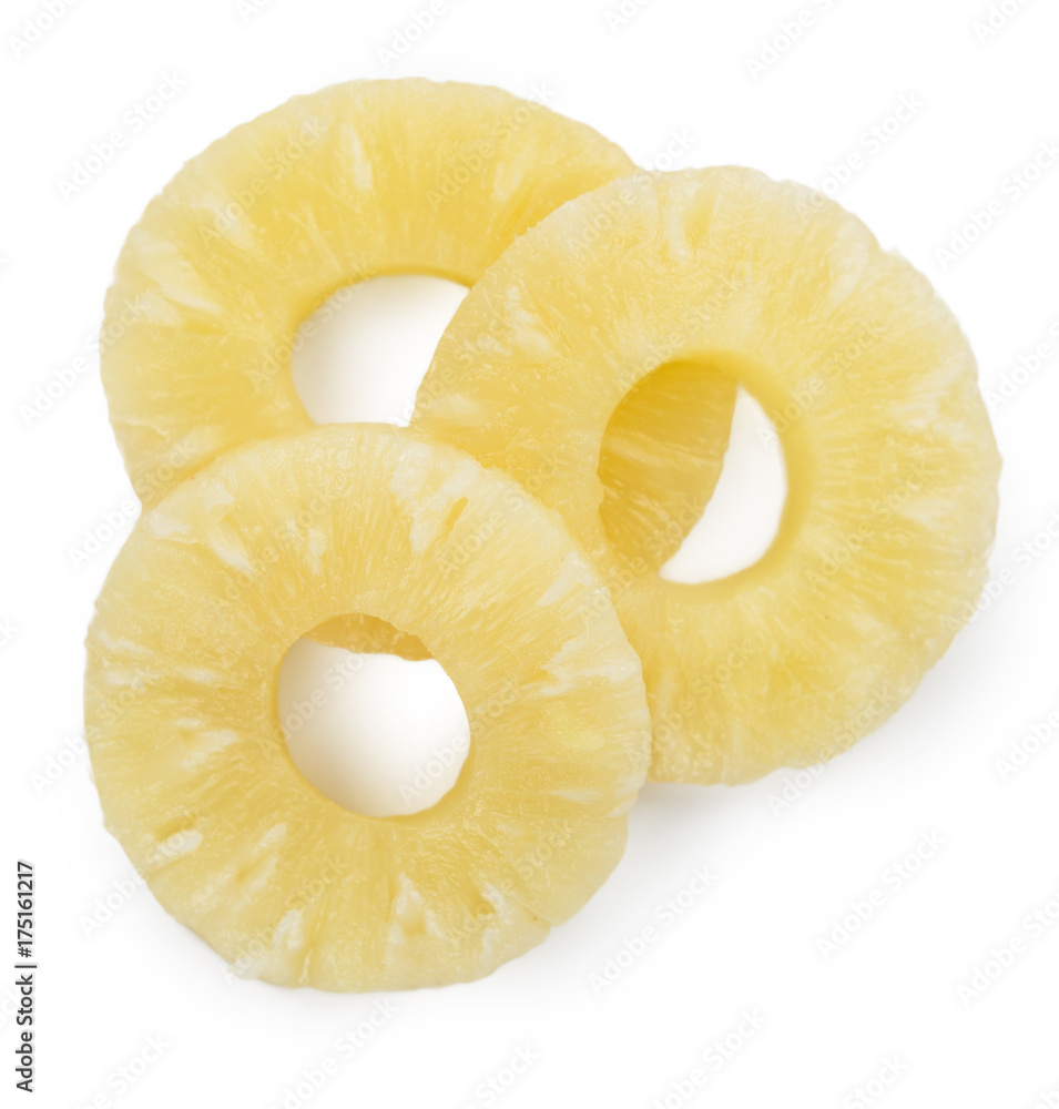 Portion of Preserved Pineapple Rings isolated on white Portion of Preserved Pineapple Rings isolated on white