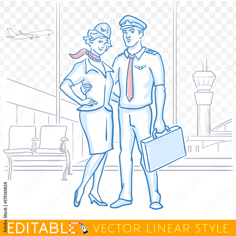 Pilot and stewardess. Crew of a civil aircraft in the airport. Editable sketch in blue ink style. Hand drawn doodle vector illustration.