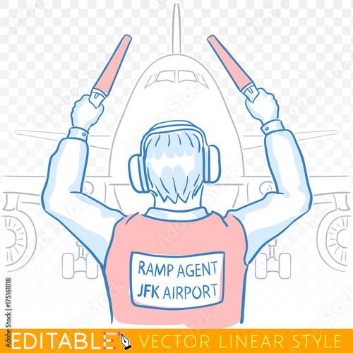 Ramp agent marshaling aircraft. Employee of a runway in the airport. Editable sketch in blue ink style. Hand drawn doodle vector illustration.